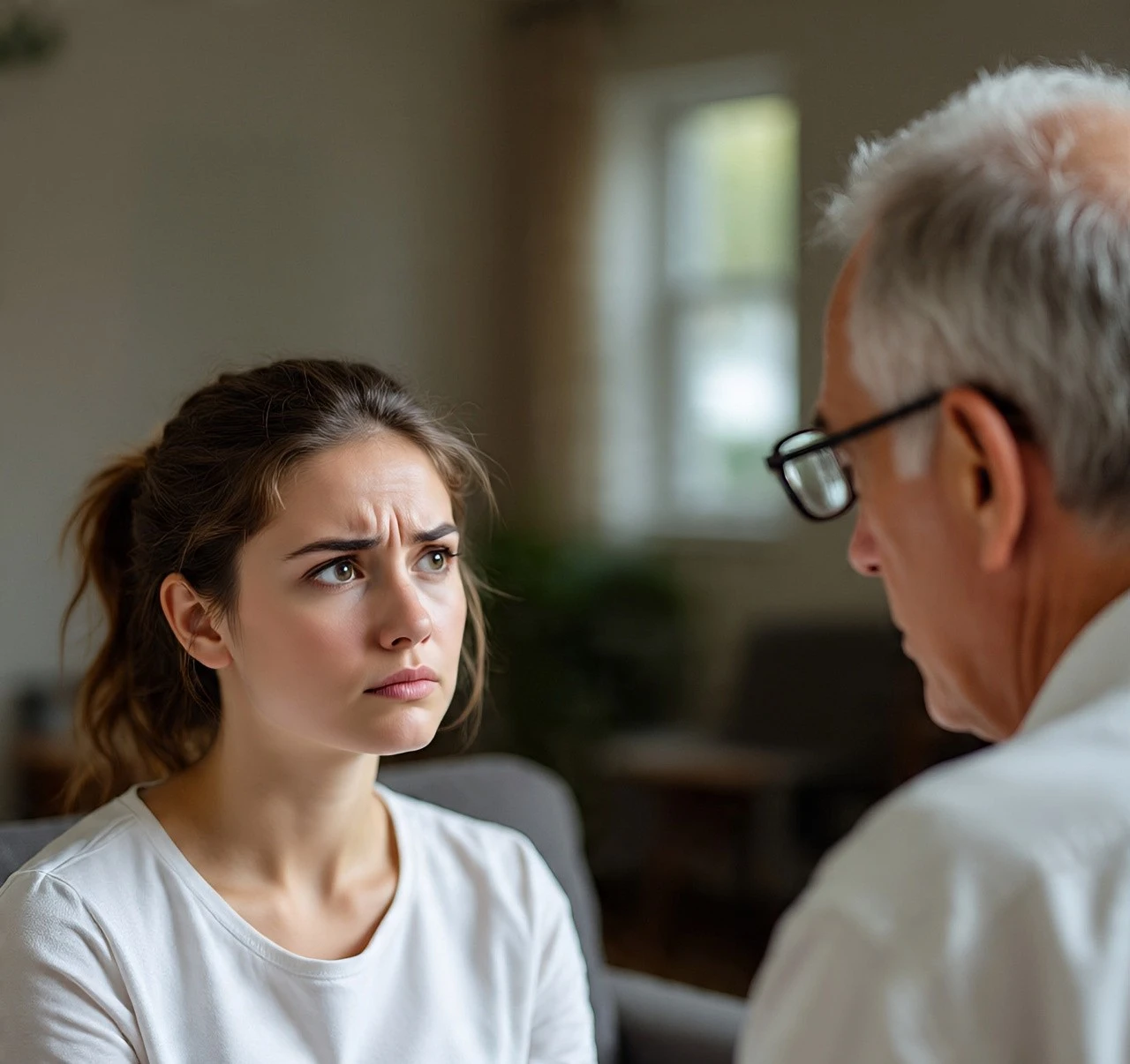A young woman sitting across from an older male therapist, engaged in a calm conversation in a therapy setting.