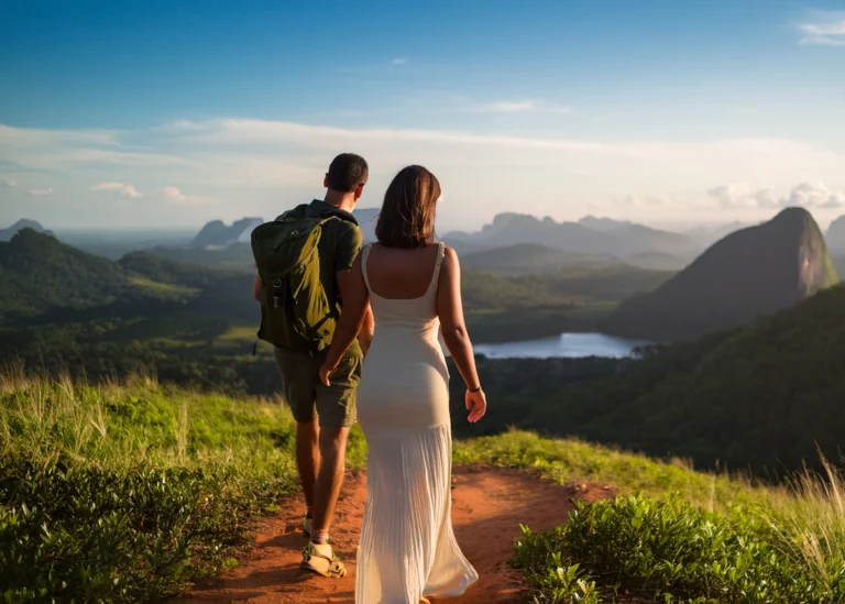 A couple standing side by side, looking toward the horizon