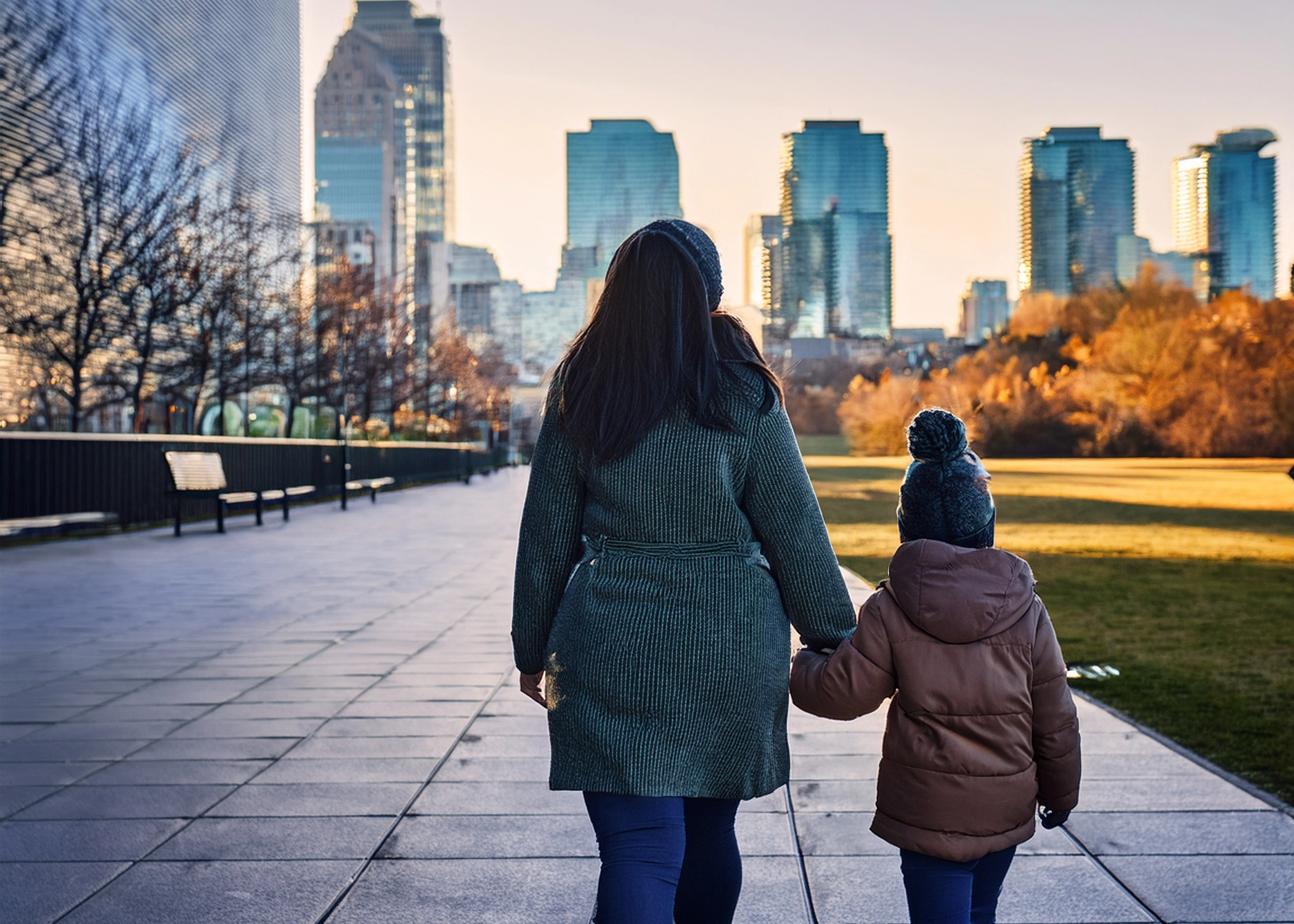 A woman and a child walking hand in hand