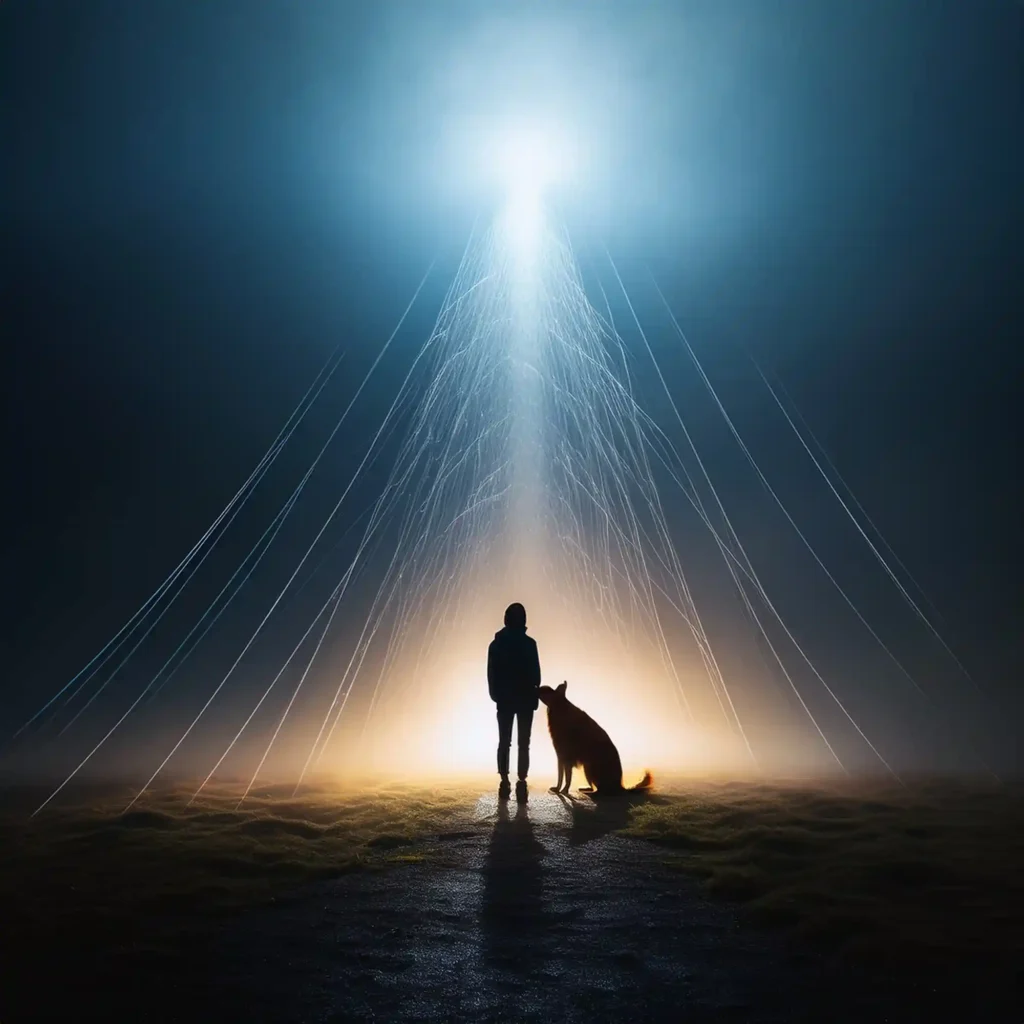 Abstract image showing a soft, blended silhouette of a person and a dog connected by a thin glowing line, surrounded by dark fog and fragmented light, conveying emotional tension and intrusive thoughts about the pet